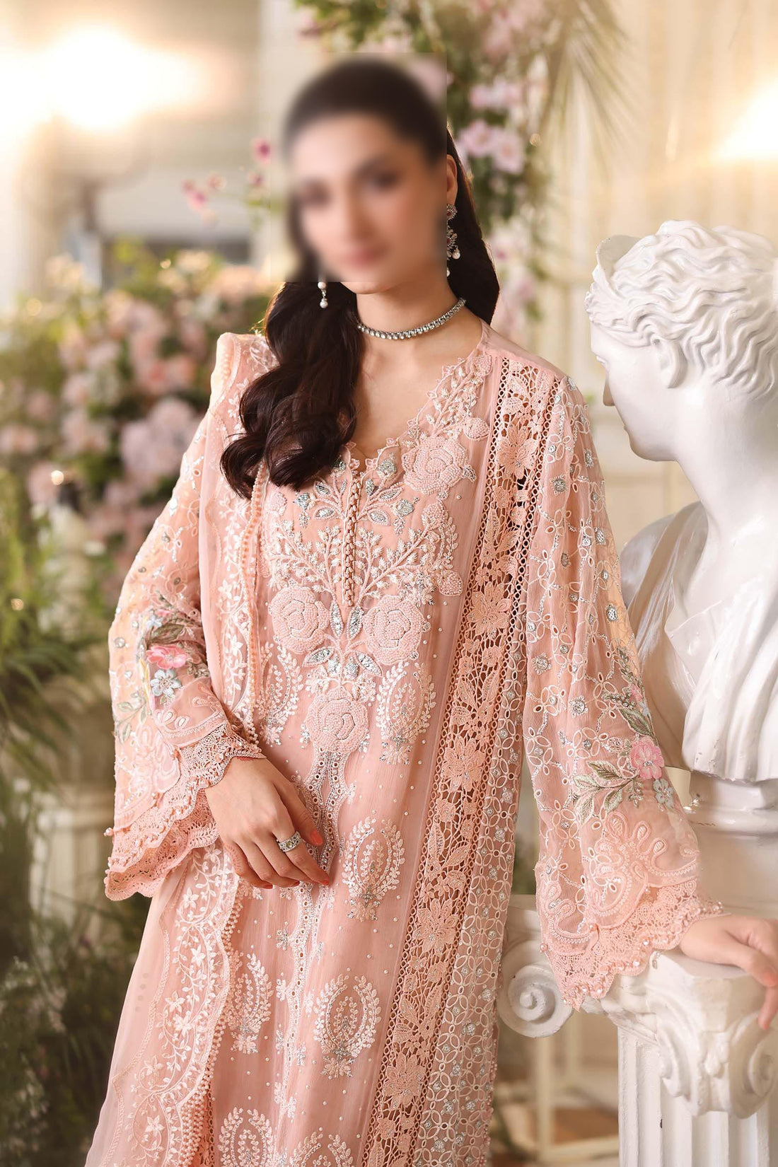 Maria.B 3 Piece Unstitched Embroidered Chiffon Suit (Peach)