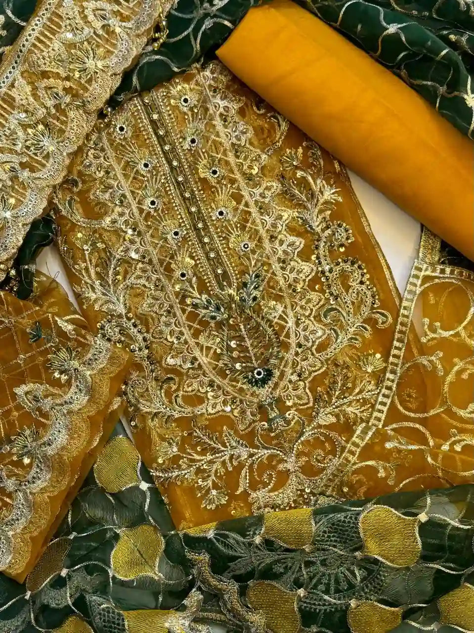 4PC MUSTARD FANCY. HEAVY EMBROIDERY WORK PREMIUM STUFF