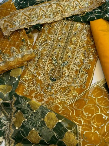 4PC MUSTARD FANCY. HEAVY EMBROIDERY WORK PREMIUM STUFF