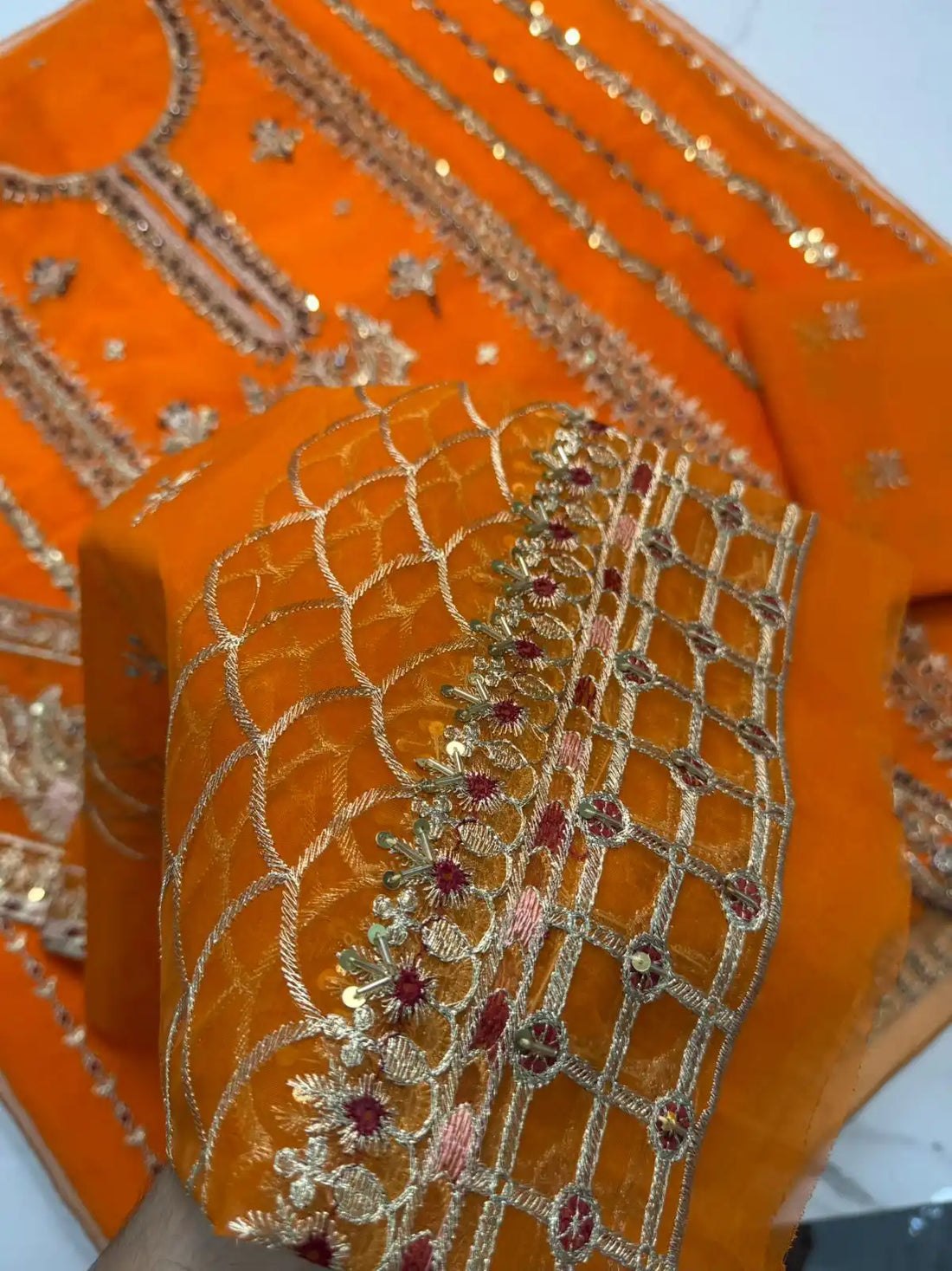 4PC ORANGE FANCY HEAVY EMBROIDERY. WORK