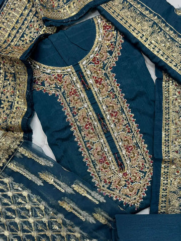 4PC RAW SILK FANCY SUIT FULLY. EMBROIDERED WORK