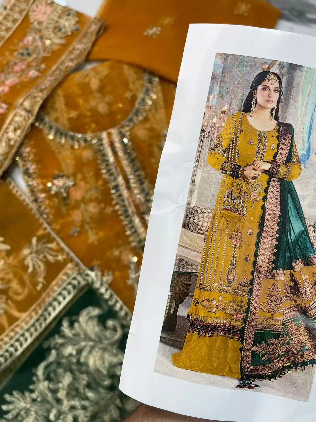 4PC MUSTARD FANCY HEAVY EMBROIDERY. WORK