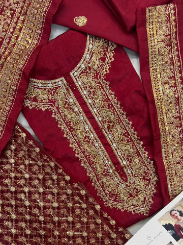 4PC RAW SILK FANCY SUIT FULLY. EMBROIDERED WORK