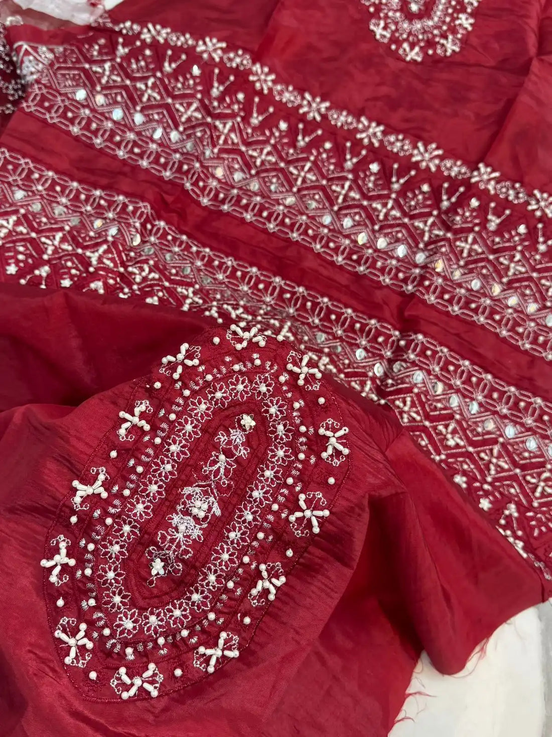 4PC RED RAW SILK FANCY SUIT FULLY. EMBROIDERED WORK