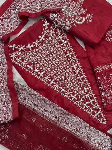 4PC RED RAW SILK FANCY SUIT FULLY. EMBROIDERED WORK