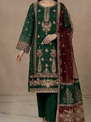 4PC BOTTLE GREEN FANCY HEAVY EMBROIDERY. WORK