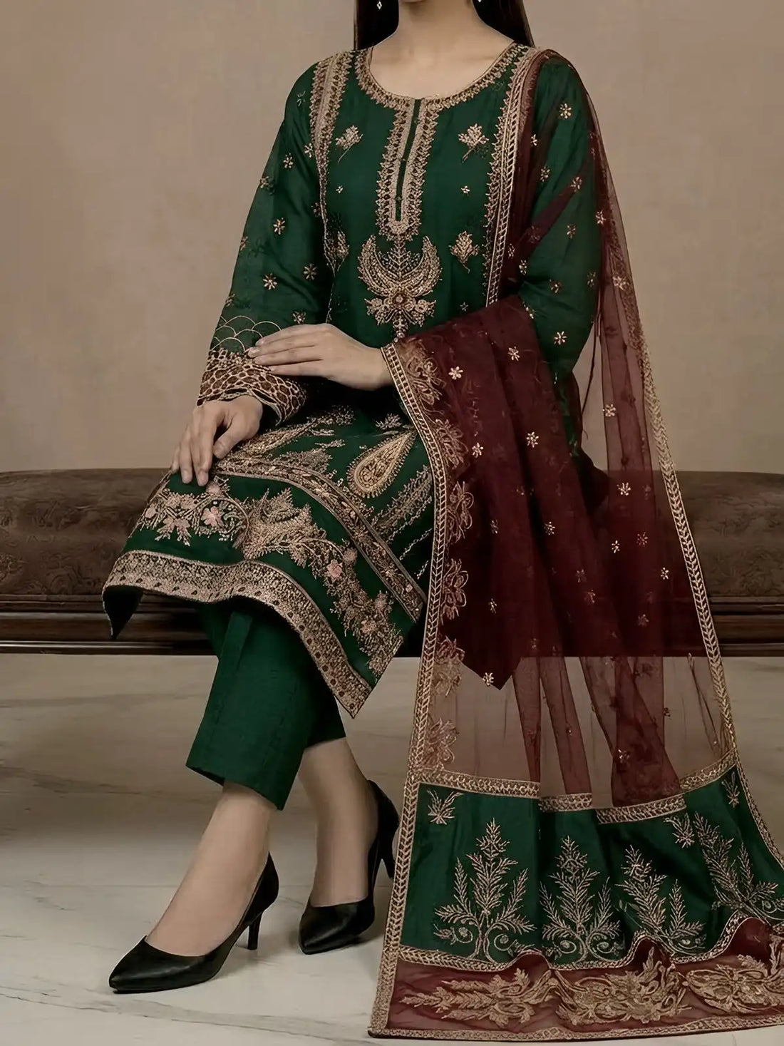 4PC BOTTLE GREEN FANCY HEAVY EMBROIDERY. WORK