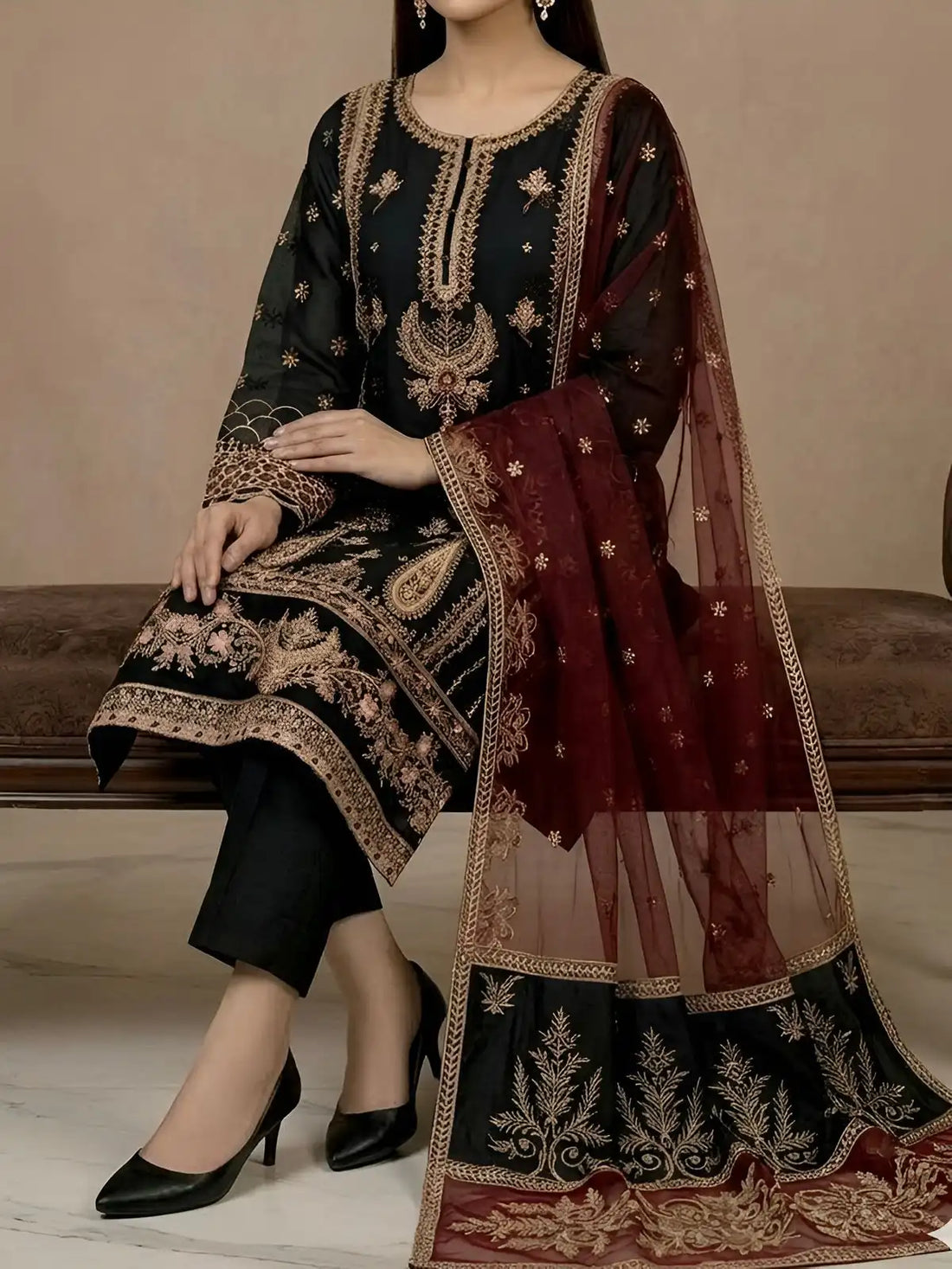 4PC BLACK FANCY HEAVY EMBROIDERY. WORK