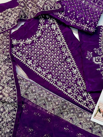 4PC PURPLE RAW SILK FANCY SUIT FULLY. EMBROIDERED WORK
