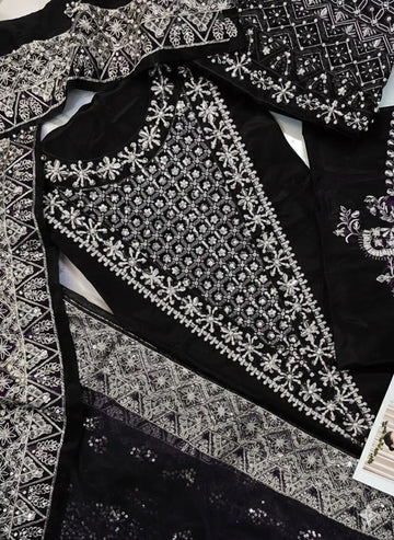 4PC BLACK RAW SILK FANCY SUIT FULLY. EMBROIDERED WORK