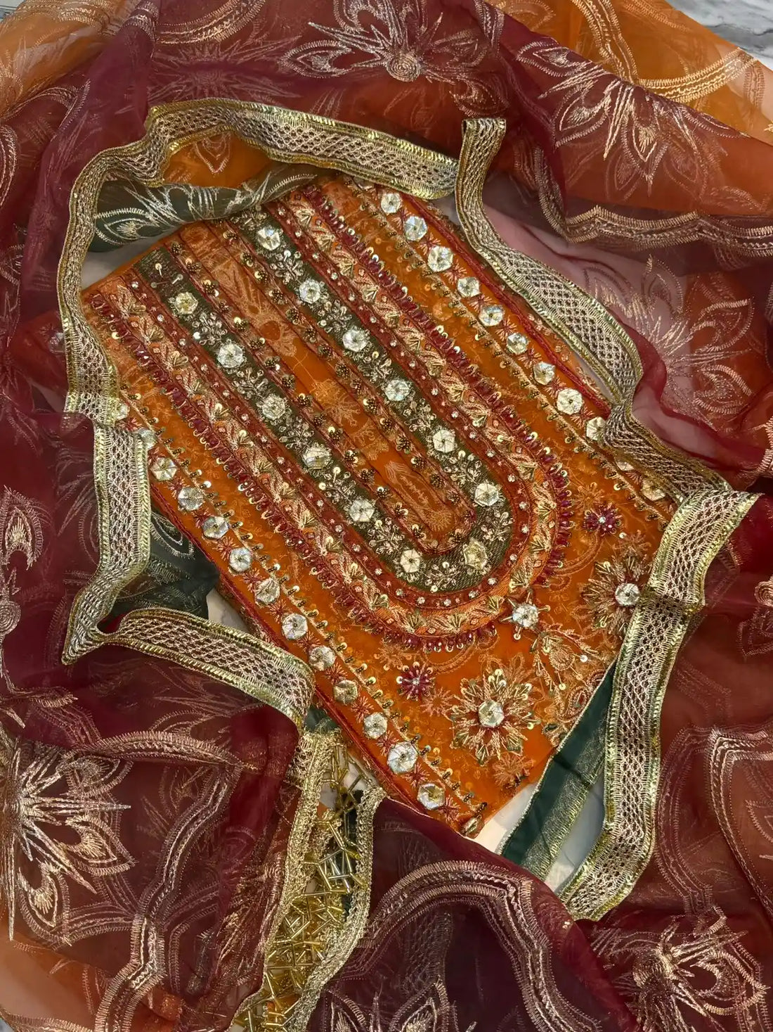 4PC ORANGE BRANDED. FANCY SUIT FULLY EMBROIDERED WORK