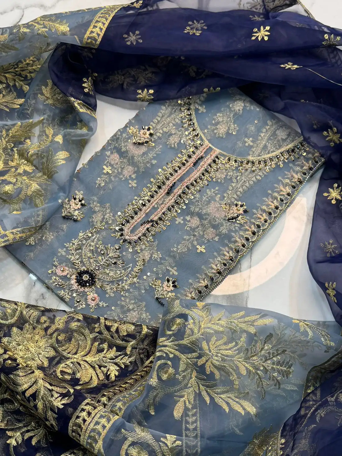 4PC GREY FANCY HEAVY EMBROIDERY.WORK