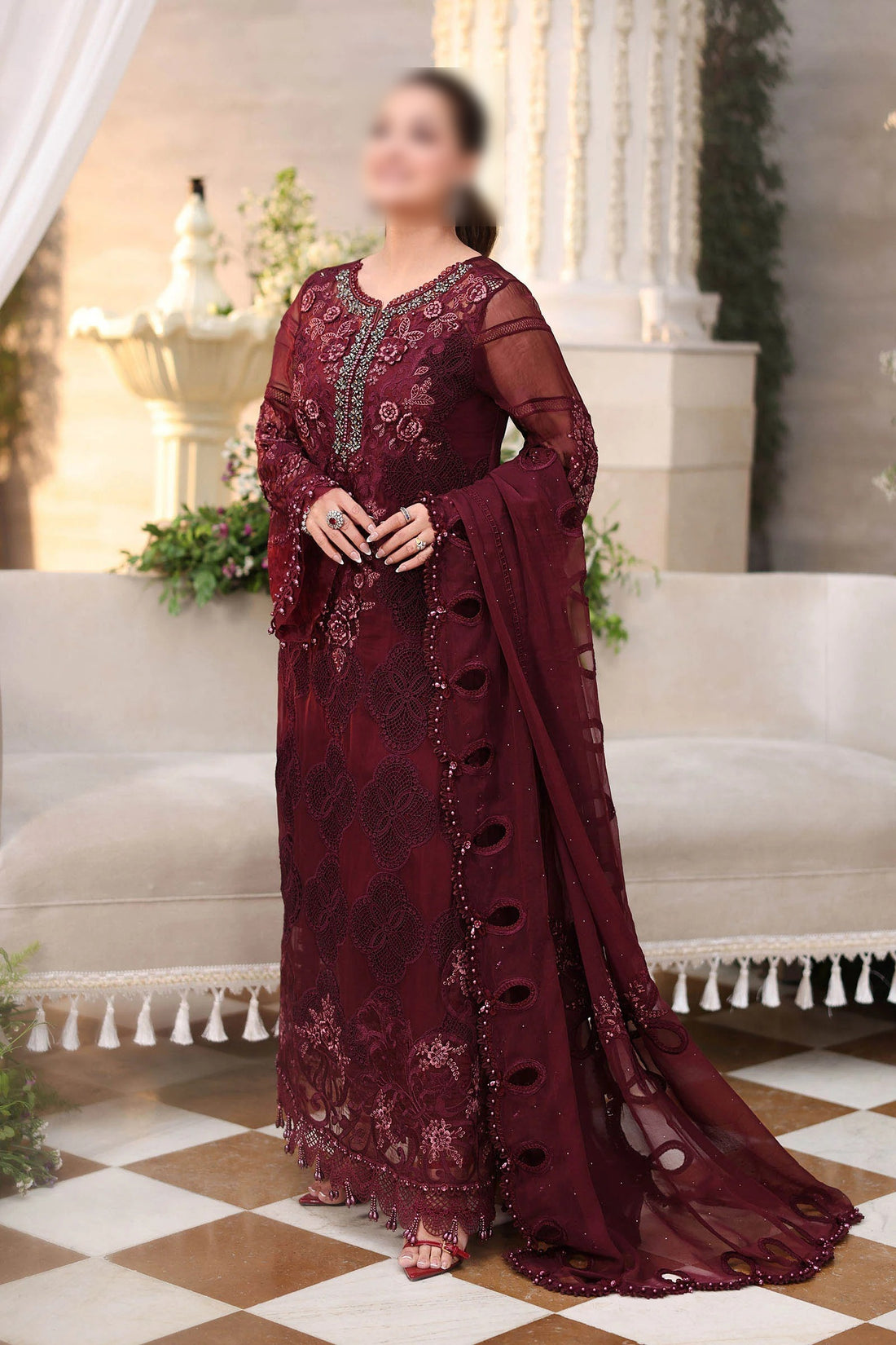 Maria.B 3 Piece Unstitched Embroidered Chiffon Suit (Burgundy)