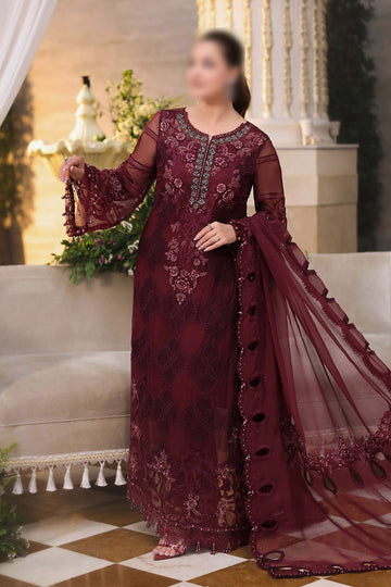 Maria.B 3 Piece Unstitched Embroidered Chiffon Suit (Burgundy)